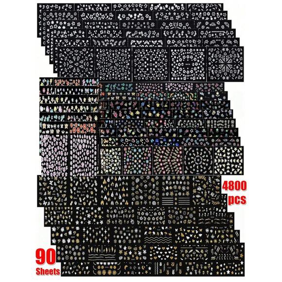 90 Sheets 4800 Pieces Dainty Floral, Gold Foil Random Nail Art Stickers - Picture 1 of 5